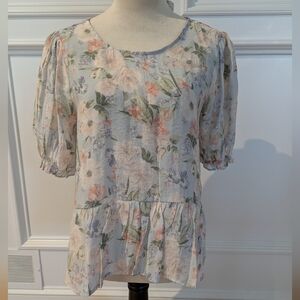 Mine NWOT Delicate Floral Pink and Blue Peplum Blouse